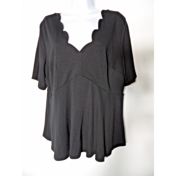 Eloquii Blouse Top 18 Black Scalloped Neck Short Sleeve Career Office Rayon NWT - Picture 1 of 12